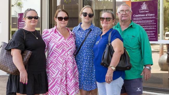 The late Dwayne Beaumont's family gather outside of Darwin Local Court in search of 'closure'. (Sister) Rachel Beaumont, (Sister) Bec Beaumont, (Partner) Bailey Robson, (Mother) Marcia Beaumont and (Dad) Gary Beaumont. Picture: Floss Adams.