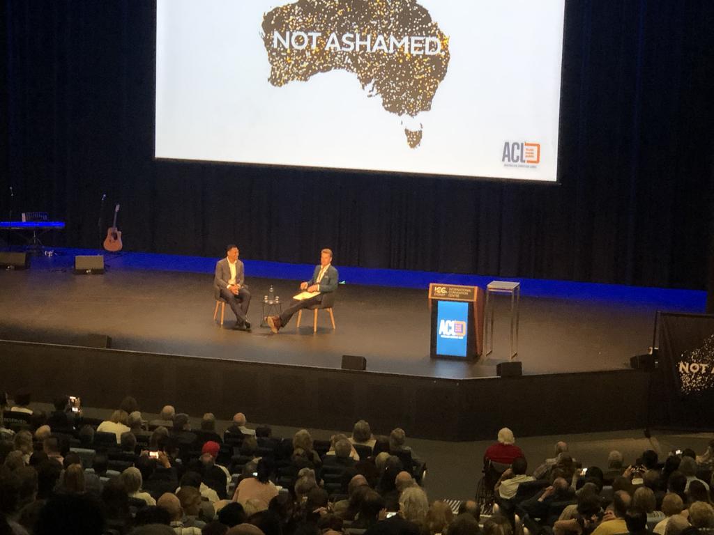 Pictured is Israel Folau speaking at the Australian Christian Lobby's 'Not Ashamed' conference at the International Convention Centre in Darling Harbour. Picture: Brenden Hills.