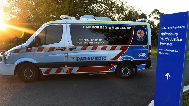 An ambulance at the entrance to the Malmsbury Youth Justice Centre following an outbreak of violence there in May 2017. Picture: Rob Leeson.