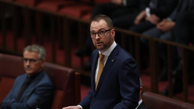 Senator Andrew Bragg delivering his maiden speech in the Senate Chamber, at Parliament House in Canberra, on Wednesday. Picture: Kym Smith