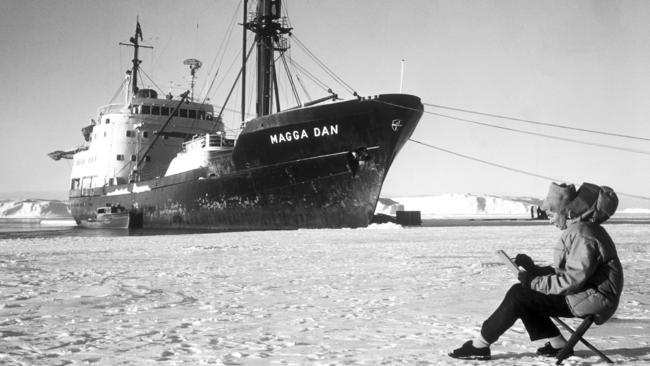 Nel Law and the Magga Dan, photographed by her husband, Phillip Law, on Chick Island in Antarctica in 1961. Picture: Australian Antarctic Division.