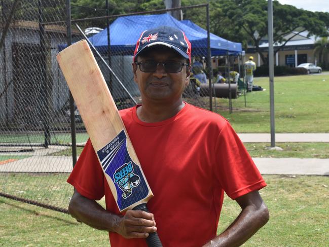 Beers & Boundaries player Lal Surendran with a bat bearing the team's specially minted stickers at Rockhampton Cricket's Country Carnival on January 25, 2025.
