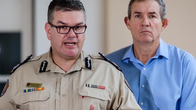 Corrections Commissioner Matthew Varley and NT deputy Chief Minister Minister Gerard Maley speaking outside of NT Parliament on Thursday ahead of a vote on a bill that will allow private contractors to take on prison officer roles. Picture: Pema Tamang Pakhrin