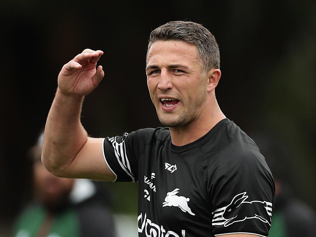 Sam Burgess talks to players during a South Sydney Rabbitohs NRL training session.