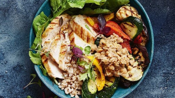 Grilled chicken and barley bowl.