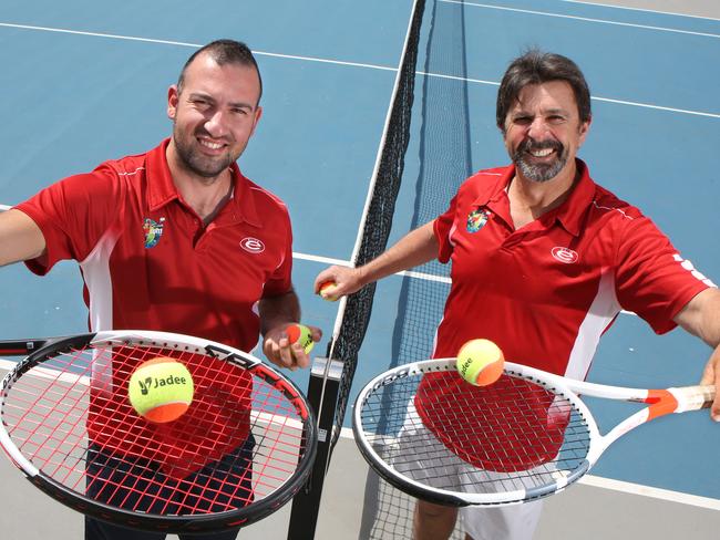 (L-R) Tony Podesta School of Tennis coaches Ashod  Paloulian and Tony Podesta pose for a photo at the Michael Clarke Recreation Centre in Carnes Hill, NSW, Australia, 10th October 2017. Tony Podesta School of Tennis has been recognised by Tennis NSW for coaching excellence. (AAP IMAGE / Robert Pozo).