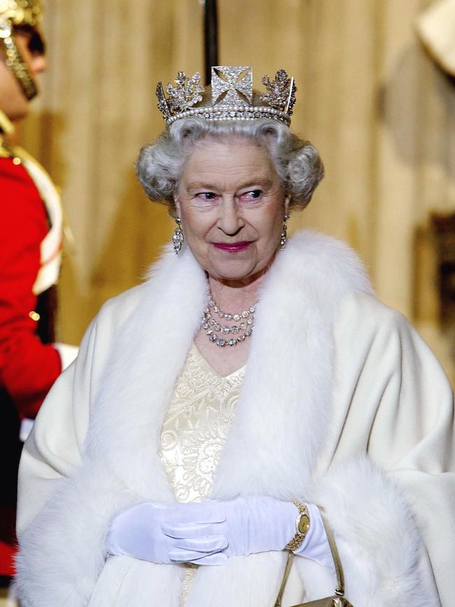 The Queen wearing a diamond crown known as the State Diadem made for the coronation of George IV. (Photo by Tim Graham Picture Library/Getty Images)