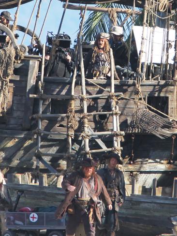 Johnny Depp and castmates shooting scenes on The Dying Gull on the set of Pirates of the Caribbean: Dead Men Tell No Tales at The Spit. Pics Tim Marsden