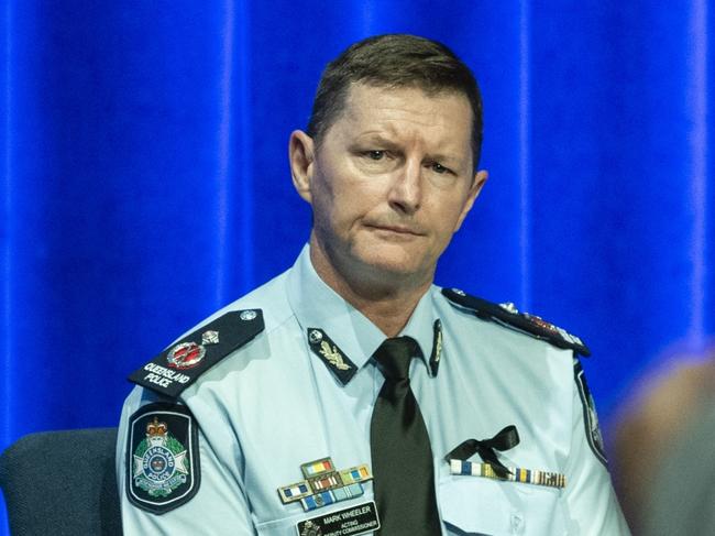 Police Commissioner Katarina Carroll, acting Deputy Commissioner Mark Wheeler and Assistant Commissioner Charysse Pond listen to Cr Geoff McDonald at the Toowoomba Community Safety Forum at Empire Theatres, Wednesday, February 15, 2023. Picture: Kevin Farmer