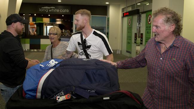 Ben Stokes is met by members of his family after arriving at Christchurch.