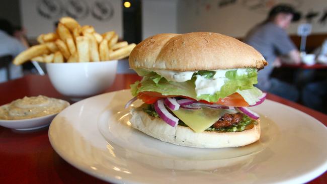 Burger Got Soul, Sandy Bay, Jolly Jumbuck, tender lamb, soul mayo (mayonnaise), basil pesto, lettuce, tomato, Spanish onion, roasted capsicum and cheese with thick cut seasoned chips