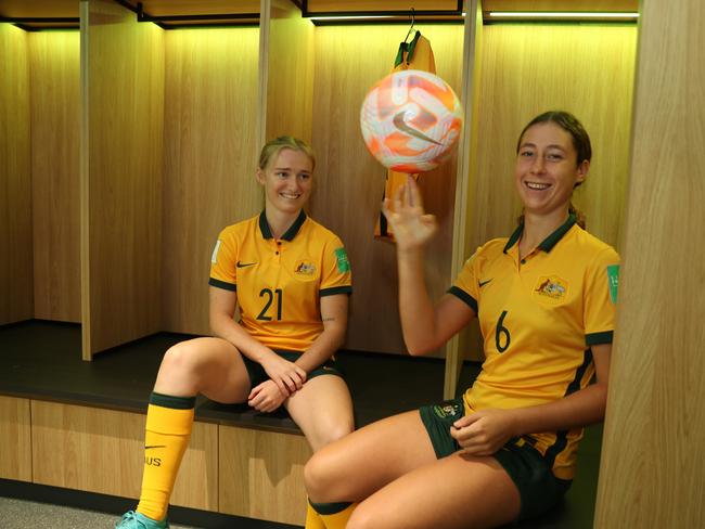 Matilda Future under-20s World Cup players Sarah Hunter (R) and Abbey Lemon (L) check out the new change rooms. Picture John Grainger