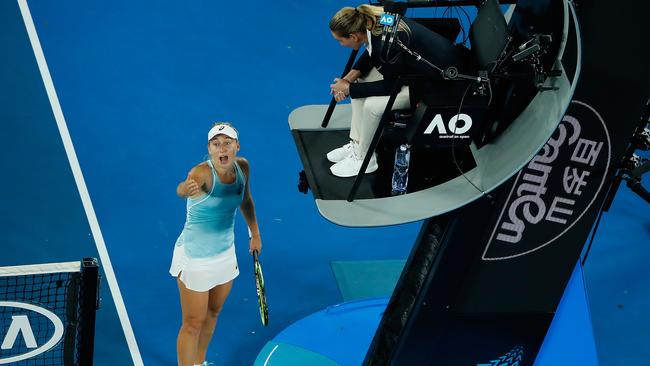 Daria Gavrilova argues her case with the umpire.