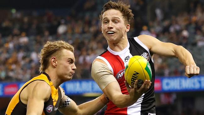 Jack Billings was one of the heroes of St Kilda’s win against Hawthorn. Picture: Dylan Burns/AFL Photos/Getty Images. 