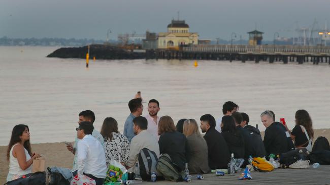 Revellers pushing through in St Kilda, Melbourne, in the very early hours of Sunday morning. Picture: David Crosling