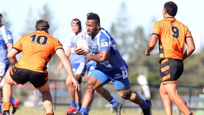 Tugun Seahawks (blue) vs. Southport Tigers at Tugun. Reserve Grade. Joseph Tangeria. 6 June 2021 Tugun Picture by Richard Gosling