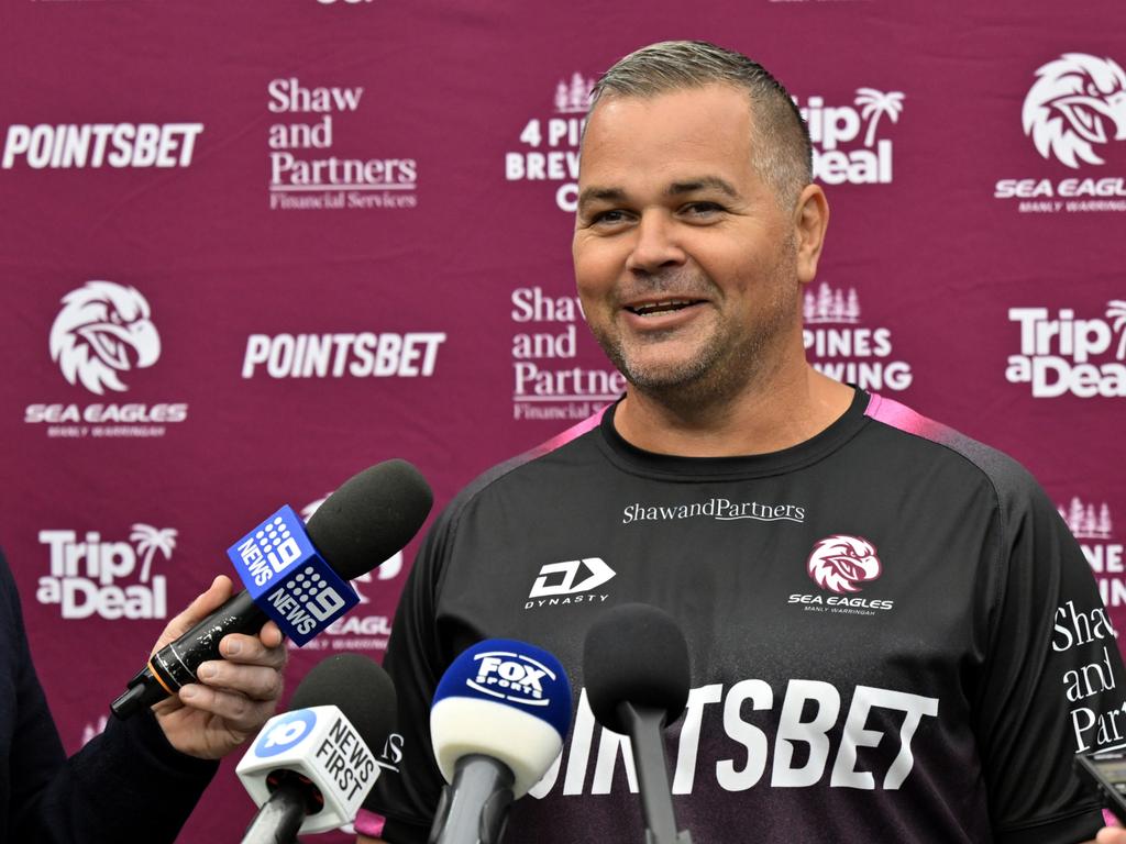 Manly Warringah Sea Eagles coach Anthony Seibold speaks tot he media before the captainÃ¢â&#130;¬â&#132;¢s run at Allegiant Stadium on Friday, March 1, 2024, in Las Vegas. (Photo by David Becker)