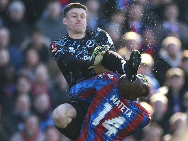 LONDON, ENGLAND - MARCH 1: Millwall goalkeeper Liam Roberts karate kicks Jean-Philippe Mateta of Crystal Palace in the head and is subsequently sent off for a dangerous tackle during the Emirates FA Cup Fifth Round match between Crystal Palace and Millwall at Selhurst Park on March 1, 2025 in London, England. (Photo by Jacques Feeney/Offside/Offside via Getty Images)