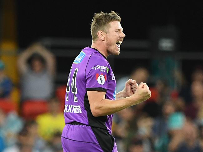 James  Faulkner of the Hurricanes reacts after the Hurricanes won the Big Bash League (BBL) match between the Brisbane Heat and the Hobart Hurricanes at Metricon Stadium on the Gold Coast, Saturday, December 22, 2018. (AAP Image/Dave Hunt) NO ARCHIVING, EDITORIAL USE ONLY, IMAGES TO BE USED FOR NEWS REPORTING PURPOSES ONLY, NO COMMERCIAL USE WHATSOEVER, NO USE IN BOOKS WITHOUT PRIOR WRITTEN CONSENT FROM AAP