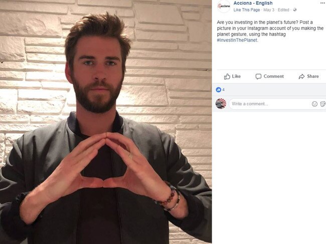 Spanish light rail contractor Acciona has launched a celebrity-backed climate change campaign endorsed by Hunger Games star Liam Hemsworth among others. Picture: Facebook