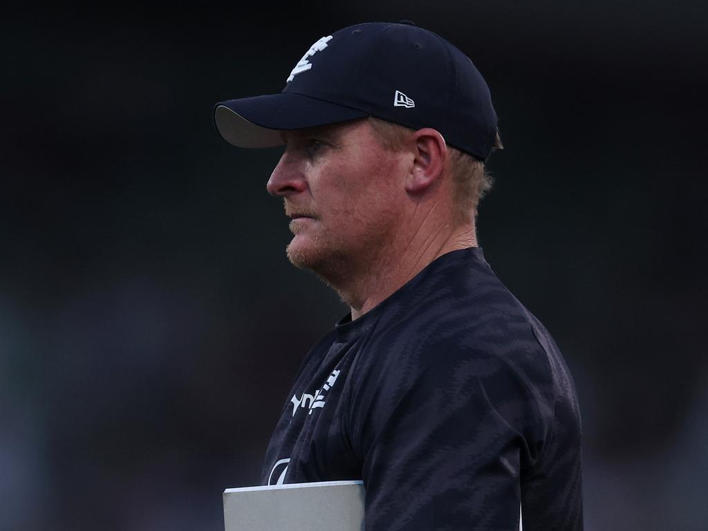 MELBOURNE, AUSTRALIA - FEBRUARY 28: Michael Voss, Senior Coach of the Blues looks on during the 2024 AFL Community Series match between Carlton Blues and Melbourne Demons at Ikon Park on February 28, 2024 in Melbourne, Australia. (Photo by Daniel Pockett/Getty Images)