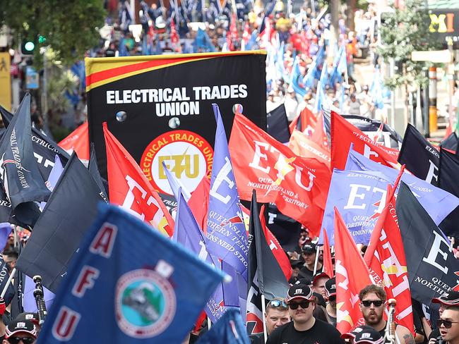 BRISBANE, AUSTRALIA - NewsWire Photos MAY 3, 2021: Thousands march during the Labor day march in Brisbane. Picture: NCA NewsWire / Jono Searle