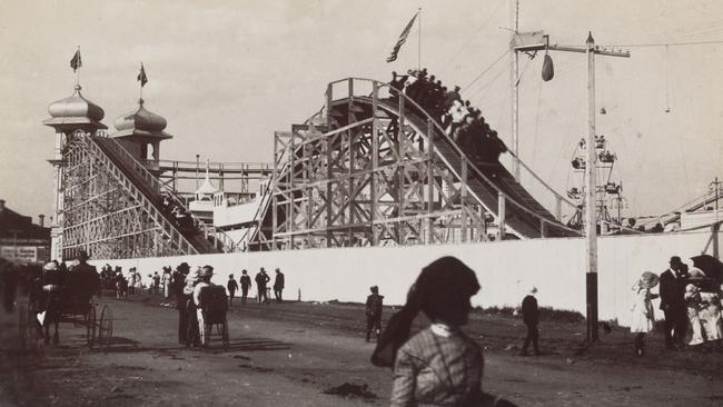 A postcard shows people walking along the western side of Luna Park, from 1912 to 1915. Picture: Shirley Jones Collection of Victorian Postcards, State Library of Victoria