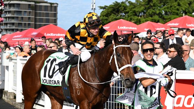 Joliestar and James McDonald return to scale after winning the Kingsford Smith Cup. Photo: Grant Peters/Trackside Photography.