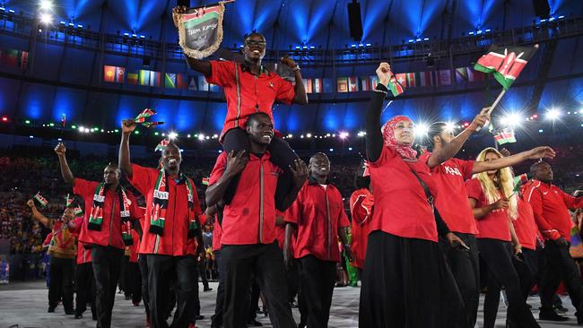 Kenya team members enter the stadium during the opening ceremony of the 2016 Rio Olympics.