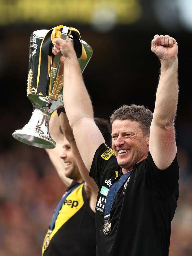 Damien Hardwick with Trent Cotchin and the 2019 cup. Picture: Mark Metcalfe/AFL Photos/via Getty Images.