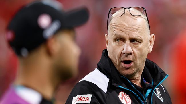 SYDNEY, AUSTRALIA - SEPTEMBER 20: Ken Hinkley, Senior Coach of the Power looks on during the 2024 AFL First Preliminary Final match between the Sydney Swans and the Port Adelaide Power at The Sydney Cricket Ground on September 20, 2024 in Sydney, Australia. (Photo by Michael Willson/AFL Photos via Getty Images)