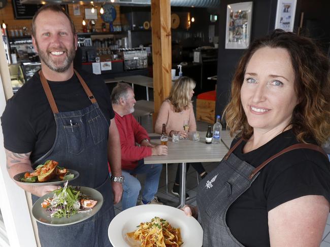 NinoÃs owners are Kirsten and Simon Pitman serving customers at their restaurant in Victor Harbor after restrictions where lifted allowing them to serve customers in the restaurant. Photo Kelly Barnes