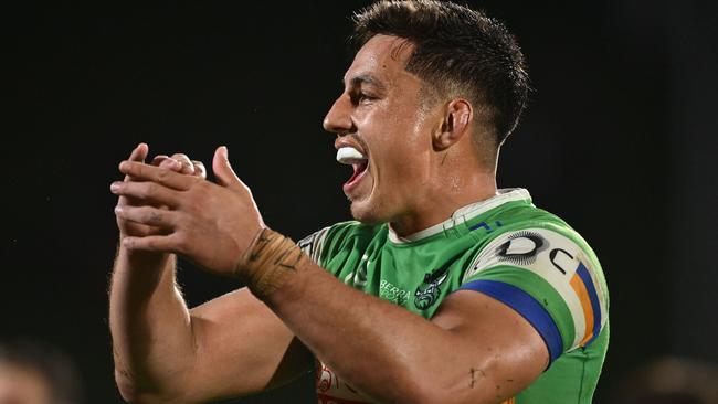 Joseph Tapine celebrate a victory with the Raiders in New Zealand this season.