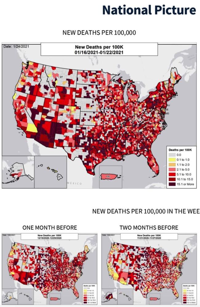 The report shows a mostly red map of the United States. Picture: Supplied/The Sun