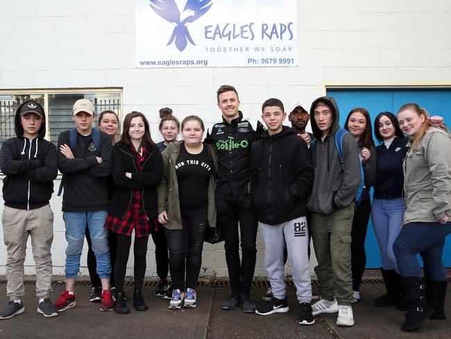 Frosty visited the "Eagles RAPS" school in Doonside earlier this week where they teach disadvantaged students from the area. Picture: Sam Ruttyn