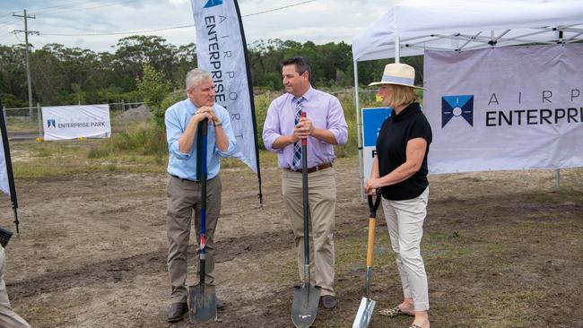 Deputy PM Michael McCormack, Cowper MP Pat Conaghan and Mayor Cr Denise Knight turned the first sod of the Enterprise Park development in January 2020.