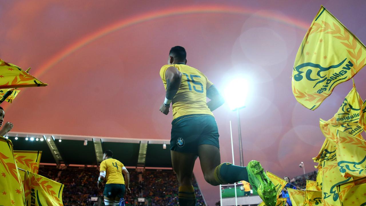 Israel Folau of the Wallabies runs onto the field during a Rugby Championship match.