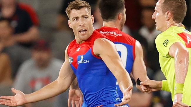 Jack Viney remonstrates with umpire Hayden Gavine last week. Picture: AFL Photos/Getty Images