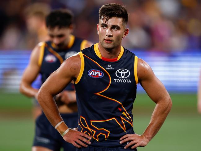 ADELAIDE, AUSTRALIA - APRIL 04: Josh Rachele of the Crows looks dejected after a loss during the 2024 AFL Round 04 match between the Adelaide Crows and the Melbourne Demons at Adelaide Oval on April 04, 2024 in Adelaide, Australia. (Photo by Michael Willson/AFL Photos via Getty Images)