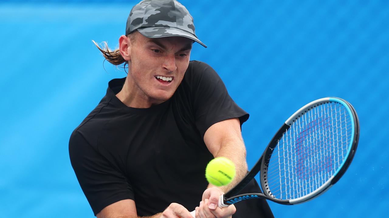 TRARALGON, AUSTRALIA - JANUARY 03: Tristan Schoolkate of Australia plays a backhand during day two of the 2022 Traralgon International at the Traralgon Tennis Centre on January 03, 2022 in Traralgon, Australia. (Photo by Mike Owen/Getty Images)