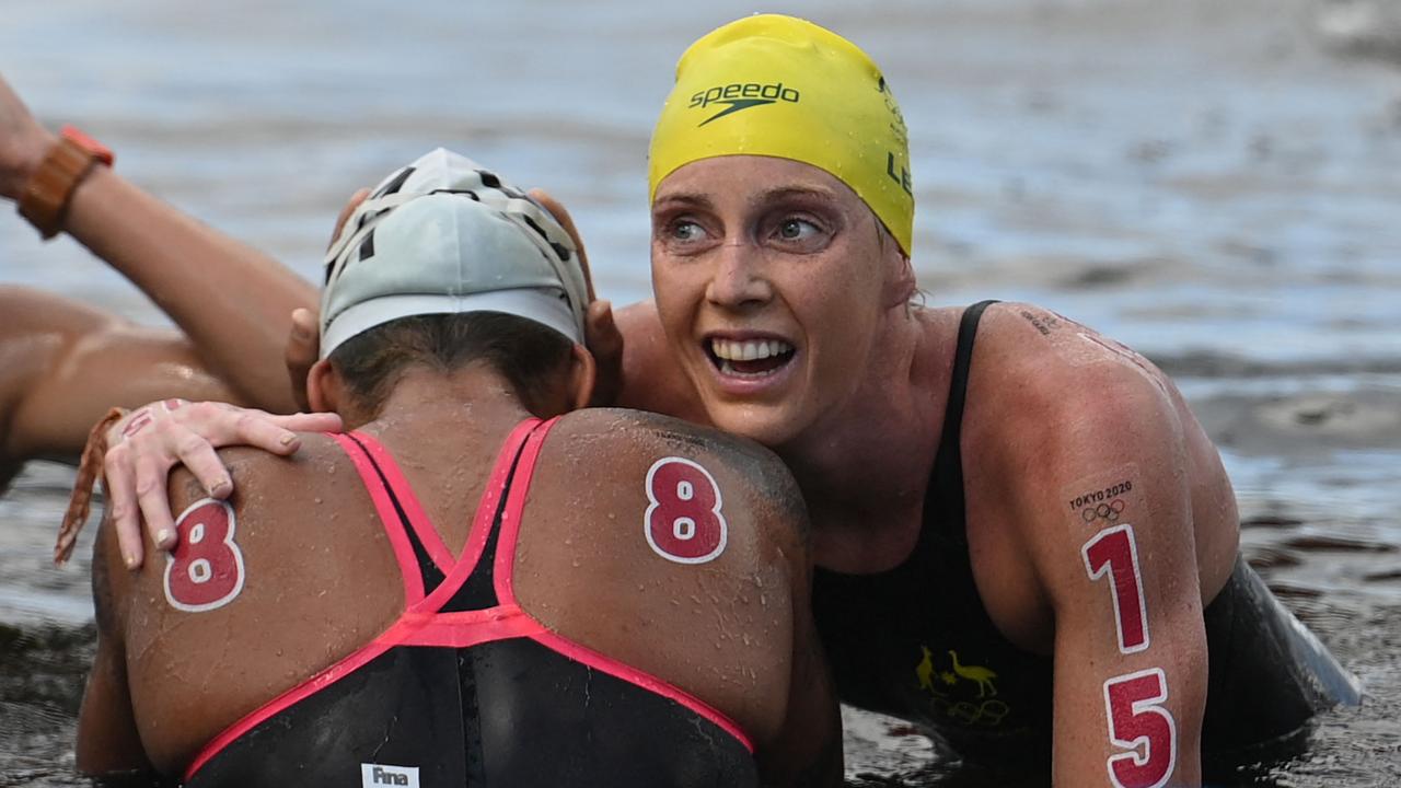 Lee reacts after finishing the race. Picture: AFP