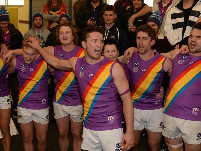 VAFA Premier: St Bedes Mentone v Old Trinity at Mentone. This is "Jane's Match'', recognising the late Jane Barnes, sister of club captain Michael. St Bedes Mentone captain Michael Barnes leads the club song. Picture: AAP/ Chris Eastman