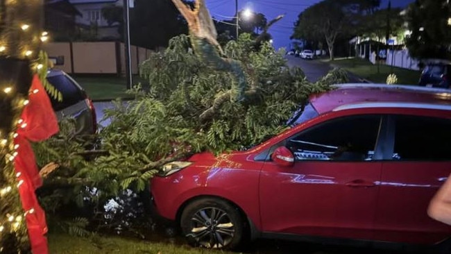 A tree branch hit a car at Camp Hill, Brisbane, during Saturday’s storm. Picture: Paul Judge