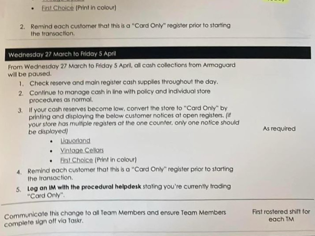 The memo informed staff that cash collections from Armaguard would be paused from March 27 to April 5. Picture: Reddit