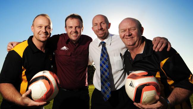 Roy Laird (second from right), his younger brother Craig (second from left) and friends Chris Nicholls (far left) and David Nicholls (far right) at Elizabeth Vale Soccer Club, where the Lairds played juniors.