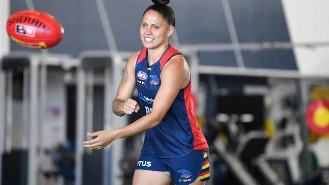 Crows AFLW player Stevie-Lee Thompson in the high performance facility, that the club has now paid off. Picture: Tom Huntley