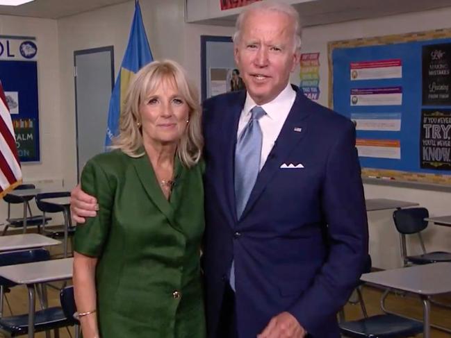 2020 Democratic presidential candidate Joe Biden speaking next to wife Jill Biden in Delaware during the second day of the convention. Picture: AFP