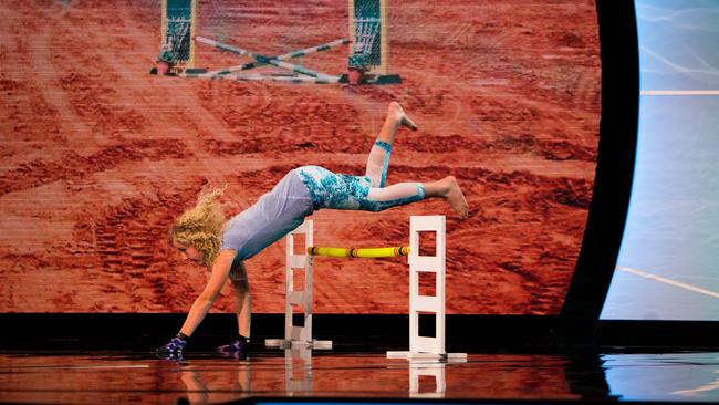 Best shot...Leskovec performs her horse routine on Channel 7’s new series Little Big Shots. Picture: Seven