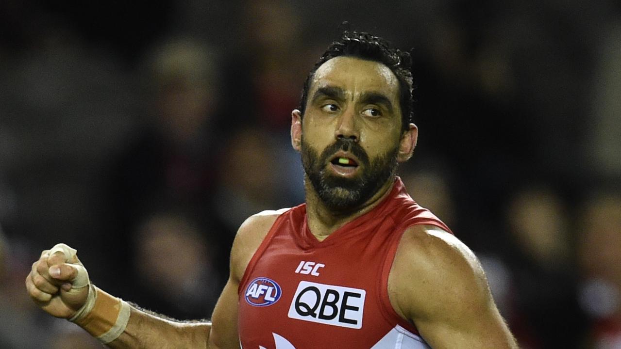 Sydney Swans player Adam Goodes reacts after kicking a goal as Lance Franklin (left) looks on against the St. Skilda Saints in round 22 of the AFL at Etihad Stadium in Melbourne, Sunday, Aug 29, 2015. (AAP Image/Julian Smith)