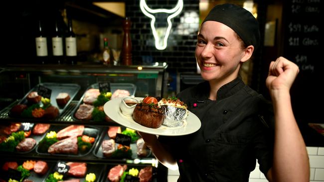 IMC Steak House chef Jackie Vaggs with a 300g eye fillet. Picture: Evan Morgan